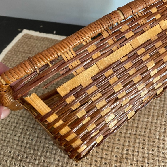 ORIGINAL ANTIQUE VINTAGE HAND WOVEN WOOD RECTANGULAR BASKET - Picture 3 of 9